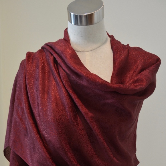 Pashmina Accessories - 100% Silk Scarf from India-Burgundy paisley motif